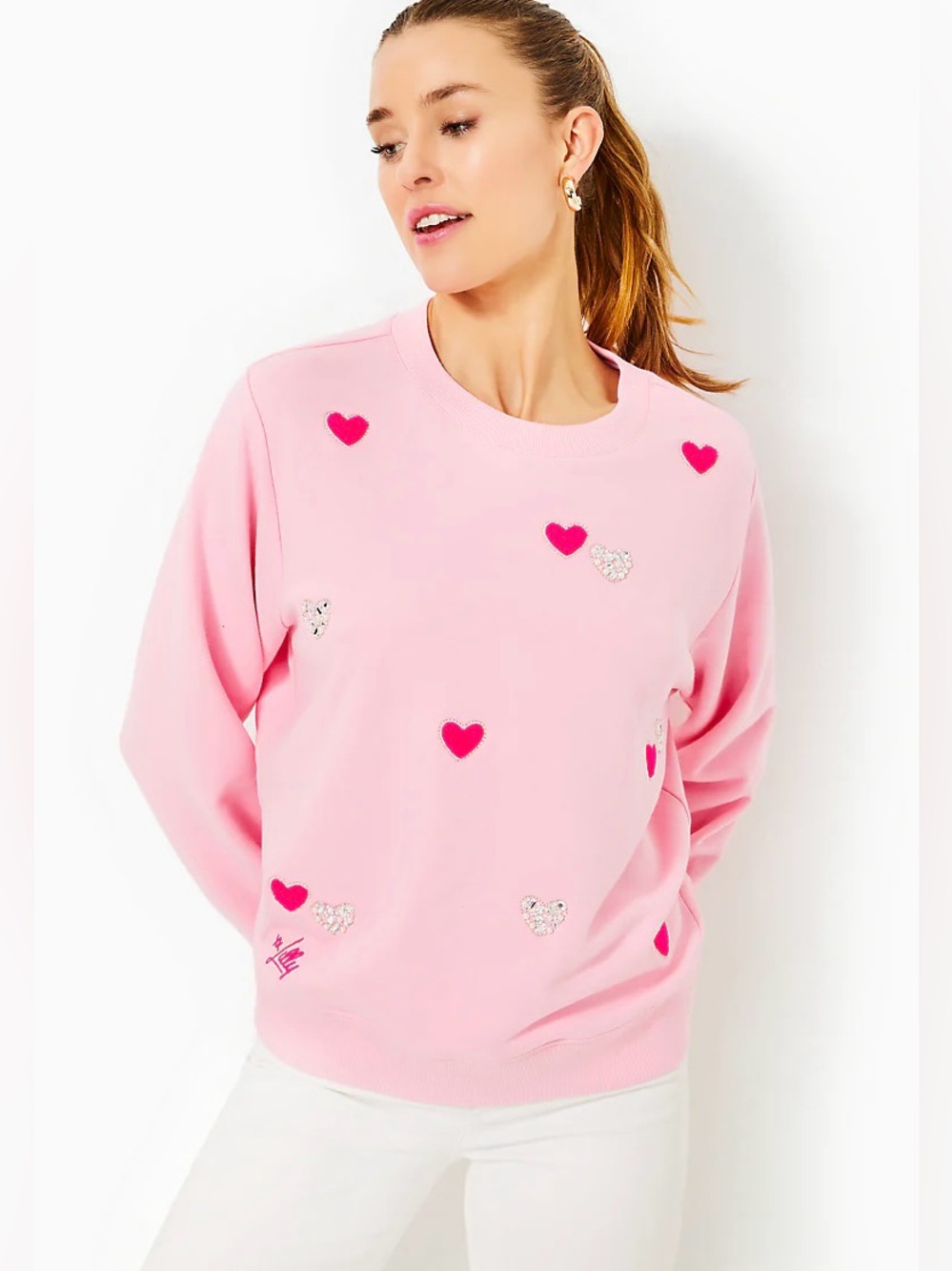 NWT Lilly Pulitzer Valentines Hearts Pink Beaded Ballad Sweatshirt Size XXL